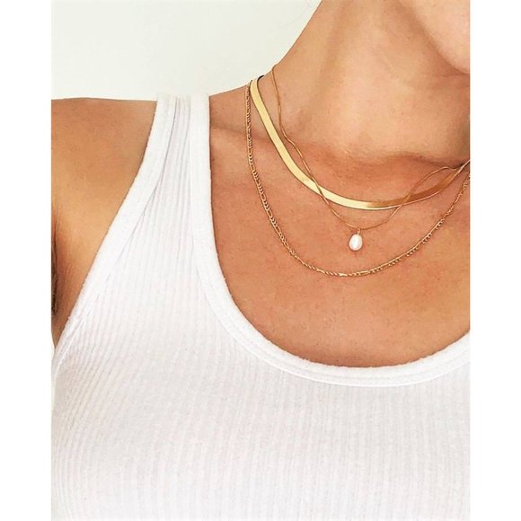 Herringbone Necklace, Italian Gold 18K Gold Plated Magic Flat Snake Choker Chain - Picture 4 of 6